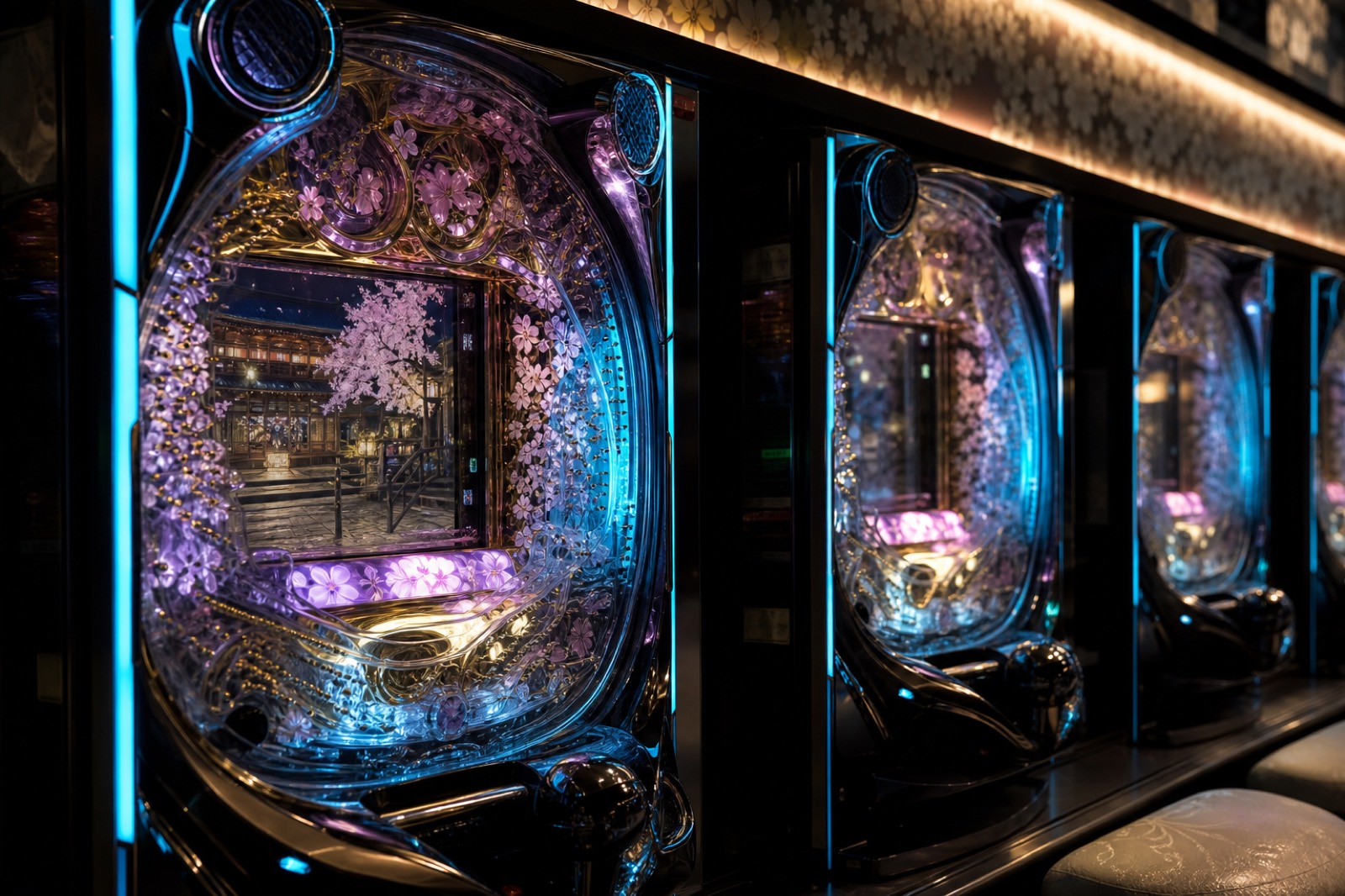 Japán stílusú pachinko automaták közeli részlete